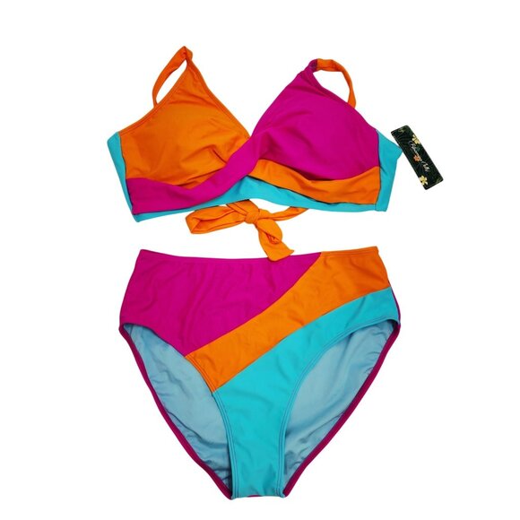Colorblock Bikini Set With Adjustable Straps & High-Waist Bottoms Size L - Picture 9 of 9